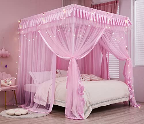 Mengersi Betthimmel für Mädchen, Betthimmel, Bettvorhänge, gemütliche Vorhänge, Bettnetz, Baldachin für Mädchenzimmer, Dekoration (Doppelbett, extra lang, Rosa)