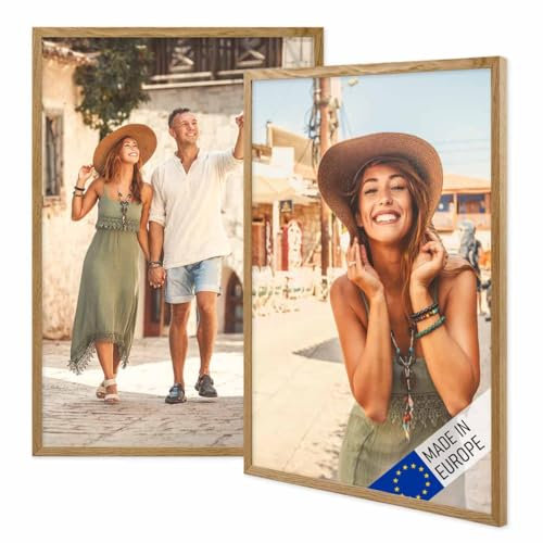 PHOTOLINI Cadre photo 40 x 60 cm en bois véritable chêne, fabriqué en UE, lot de 2, verre acrylique incassable, à suspendre, avec accessoires - pour vos photos & images préférées