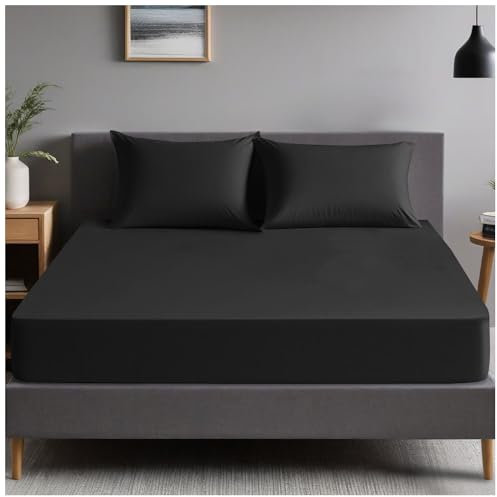 GC GAVENO CAVAILIA | Plain Dyed Bedding Fitted Bedsheets - Soft & Comfy (137 x 193 Cm) Double Bed Sheet - Breathable Non Iron Percale Sheets - Black | Double
