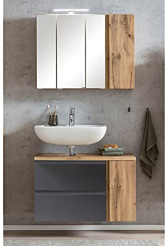 Lomadox Waschbeckenunterschrank, Links, mit Spiegelschrank, 85cm, LED Beleuchtung, Wotan Eiche Nb. mit grau matt, B/H/T ca. 85/200/35 cm
