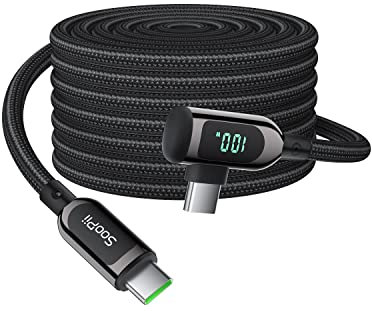 SOOPII 100W Right Angle USB C to USB C Cable,10FT Zinc Alloy Braided Type-C Cable with LED Display for lphone 15, lPad Air/Pro,MacBook Pro,Galaxy S23/S22/S10,Pixel,LG(3 m,black)