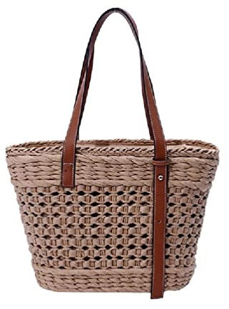 Sac fourre-tout en paille pour femme - Sac à bandoulière tissé à la main - Sac à main creux - Sac à main d'été - Sac à bandoulière en paille tissé à la main - Sac de vacances - Panier d'été