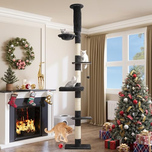 YITAHOME Arbre du Sol au Plafond, Poteau à Griffer en Sisal pour Chat à 5 Niveaux, Tour de Jeux avec Hauteur Réglable/Hamac/Plates-Formes, Noir, 281 cm