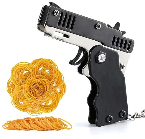 Mini-Gummibandpistole aus Metall,Klappbare Gummiband Pistolen Spielzeuge,Gummi Pistole Gummiband Mini-Gummibandpistole,mit Schlüsselanhänger und 60Gummibändern,Schießspiel Outdoor-Aktivitäten,schwarz