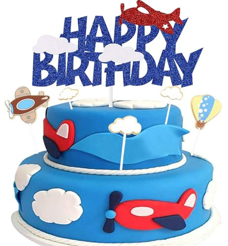 Airplane Happy Birthday Cake Topper Blue Airplane and Cloud Cake Topper for Airplane Themed Birthday Party Decorations