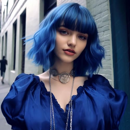 BESTUNG Kurze blau Perücke für Frauen, natürliches synthetisches Haar Ombre Bob Perücken mit ordentlichem Pony dunkler Wurzel für Alltag/Party/Cosplay (10 Zoll, blau)