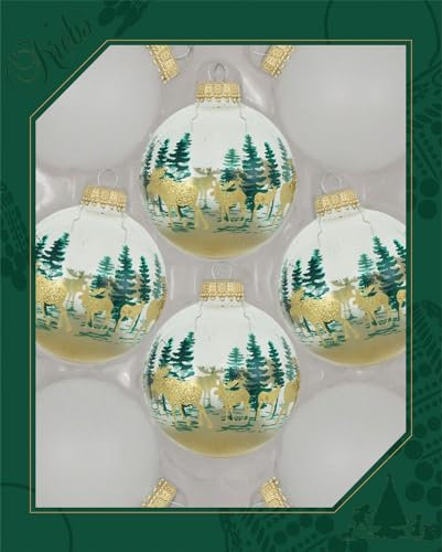 Christmas By Krebs Christbaumschmuck aus Glas, 67 mm, Designer-Kugeln von Christmas By Krebs nahtlos, hängende Urlaubsdekoration (Schneeweiß mit Elchszene)