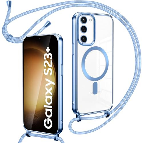 Oelrstfe Collier Coque avec Cordon pour Samsung Galaxy S23 Plus 5G, Transparent Réglable Étui Chain Chaine Housse de Souple Silicone Antichoc Etui Bandouliere Laniere pour Samsung S23 Plus 5G - Bleu