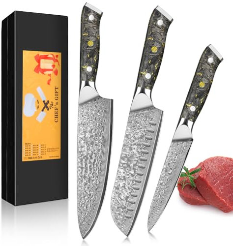 KEENZO 3er Damastmesser Set Küchenmesser Damaststahl 3-Teilig Chefmesser Set mit Chefmesser, Santokumesser, Obstmesser, Kochmesser Set Profi Scharfe mit Schwarz Kunstharz Handgriff,Geschenkbox