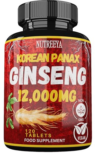 Korean Panax Ginseng Extract, 12,000mg Strength, 120 Vegan Tablets, Standardized and Concentrated 50X Root Extract Ginseng Supplement Non-GMO