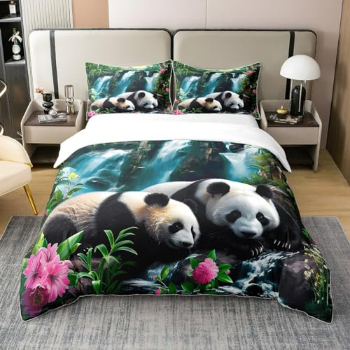 richhome Kawaii Panda Bettbezug 100% Natur Baumwolle 135x200 für Jugend,Chinese Mountain Bamboo Comforter Cover mit Reißverschluss,Aquarell Bauernhaus Bettwäsche
