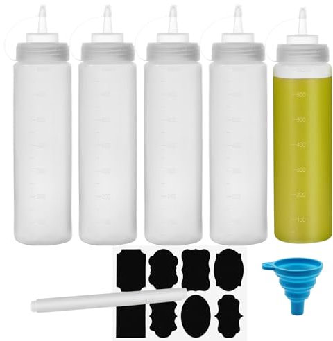 Chetexus Lot de 5 bouteilles compressibles de 680 ml pour condiments en plastique avec mesures pour ketchup, barbecue, sauces, sirop, vinaigrettes