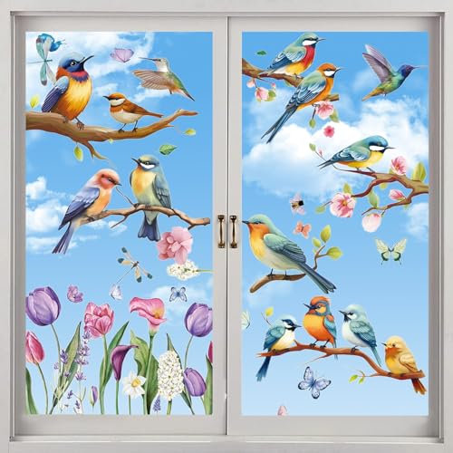 9 Blatt Fensterbilder Frühling Vögel Selbstklebend Blumen Aufkleber Fenster Fensterbilder Fensterdeko Fenstersticker Blumen Schmetterlinge Sommer Fensteraufkleber,für Wohnzimmer Büro Schlafzimmer