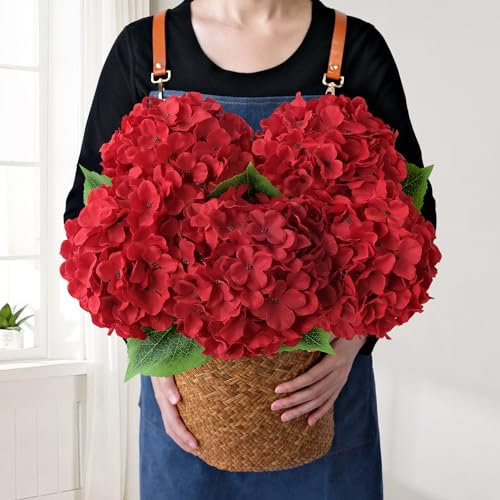 JINWOE Fleurs artificielles en soie d'hortensia rouge
