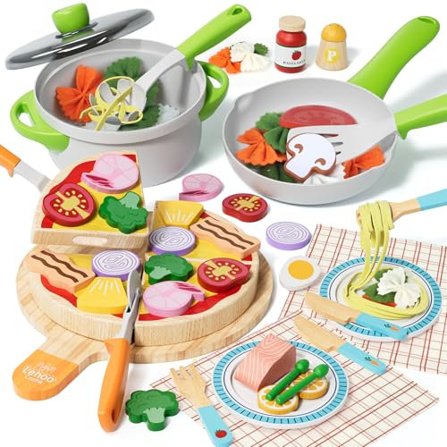 Lehoo Castle Comida Madera Juguete para Cocina, Juguete de Pizza Pasta, Cocina Juguete con Cubiertos, Ollas y Sartenes, Juguetes de rol Regalos para 2 3 4 Años