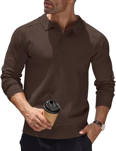 COOFANDY Men's Jumper Poloshirt Tops Casual Smart Winter Jumper Sweatshirts Long Sleeve Polo Shirts Knitted Pullover Polo Neck Jumpers Brown M