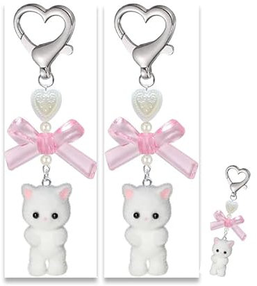 Bzzerumy Lot de 2 porte-clés chat mignon, chaton flou, décoration de chat, cadeau pour les amoureux des chats, Y2K, cœur, arc, pendentif pour femmes et filles, Kawaii, sac à main