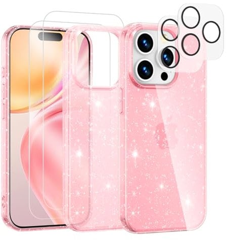 Noyabox for iPhone 15 Pro Clear Glitter Case with 2 Screen Protectors, Sparkling Soft Transparent TPU Bumper Scratch-Resistant for Women and Girls, Pink