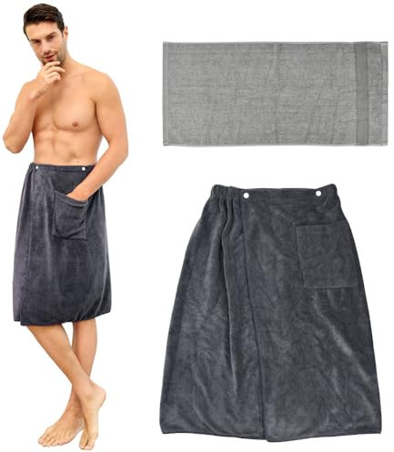 HWSWSH Kit de Serviette de Sauna Homme avec Serviette de Bain en Coton, Homme Jupe de Sauna Absorbant 140*70cm, Draps de Bain 73*34cm Serviette pour Douche, Sauna, Natation, Spa, Plage, Sports (Gris)