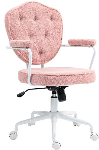 HOMCOM Bürostuhl, Ergonomisch Schreibtischstuhl mit Wippfunktion, geknöpftem Bezug, Höhenverstellbar Computerstuhl mit Drehfunktion, für Home Office, Teddybärvlies, Rosa
