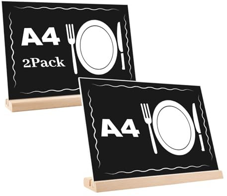 EACHPT Tischaufsteller A4, Acryl Tischaufsteller mit Holzfuß Buche 2 Stück A4 Hochformat Dualer Kartensteckplatz, Aufsteller Schild A4 Präsentationsständer für Firmen Büros,Menükartenhalter