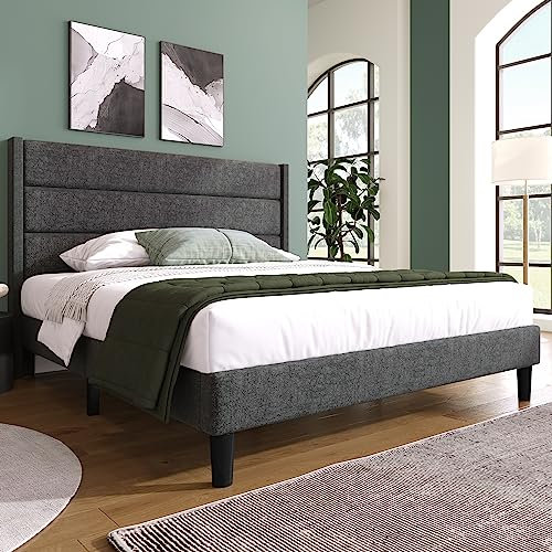 Queta Polsterbett 140 x 200 cm, Bettgestell mit Lattenrost & Kopfteil, gepolstertes Doppelbett, Textilbezug Leinen in Dunkelgrau, Zeitloses modernes Design, Jugendbett