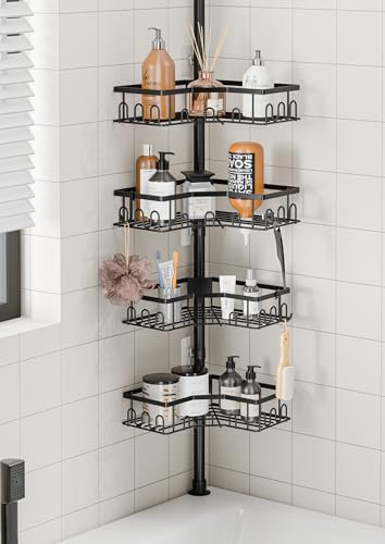 HouseUp Duschregal Teleskop ohne Bohren, Höhenverstellbare Duschablage Ecke mit 4 Ablagen, Badewanne & Küche Eckregal, Shampoo Halterung, Edelstahl (82-296cm)
