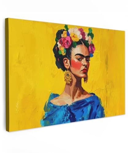 MuchoWow© Impressions sur Toile 120x80 cm Deco Tableau Murale Decoration Salon Peinture Tableaux Chambre Toiles Maison Frida Kahlo - Femme - Jaune - Bleu - Fleurs