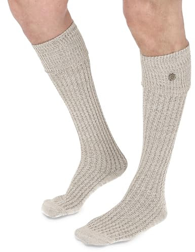 Steigenhöfer Manufaktur Trachtensocken Herren und Damen Lang – Klassische Trachtenstrümpfe im Zopfmuster – Oktoberfest Strümpfe aus Baumwolle für Männer & Frauen – Naturbraun mit Edelweiß – 43-44