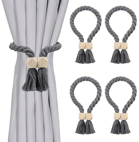 4 Stück Magnetische Vorhang Raffhalter, Gardinenhalter Vorhanghalter, Gardinenraffer aus Holz Boho, Gardinen Raffhalter, Baumwollseil, Raffhalter für Gardinen Home Büro Gardinen Deko (Grau)