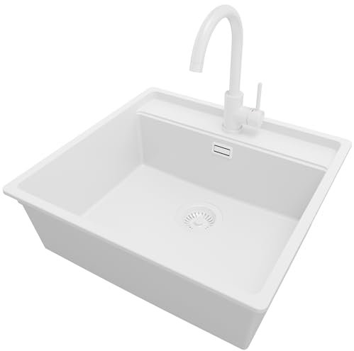 PRIMAGRAN Fregadero Granito Todo Blanco 56x53cm, Cocina 1 Seno + Grifo 32x20cm + Sifón, Sobre encimera al mueble 60cm - Bergen S012