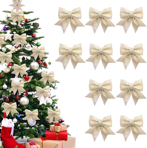 FePen Schleifen Weihnachtsbaum, 10 Stück Glitzer Weihnachtsschleifen, Weihnachtsbaum Deko (Champagner)