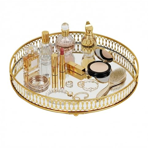 Vassoio rotondo con specchio, 32 cm, colore oro, organizer per profumi e cosmetici, vassoio decorativo con manici per bagno e soggiorno, elegante vassoio per decorazione e conservazione
