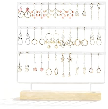 TFLPUO 60 Löcher Ohrringständer, 3 Tier Schmuckständer Ohrringständer Weiß Ohrringhalter Holz Ohrring Aufbewahrung Ständer Schmuck Organizer für Hängende Ohrringe