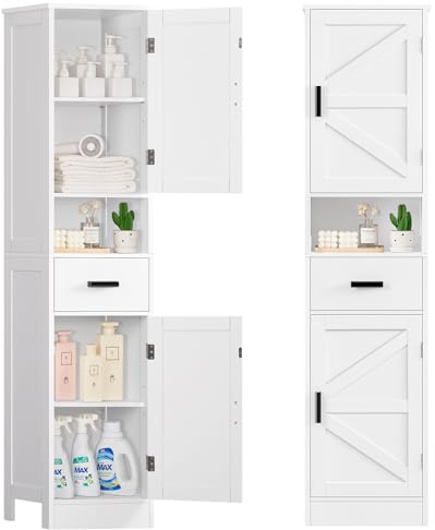 TEENFON 170 cm Mueble Baño Estrecho de 40 cm, Armario Baño Alto con 2 Puertas en Flecha & 1 Cajón, Columna Baño con Estantes Ajustables & Compartimento, para Baño, Cocina y Salón, 40x30x170 cm, Blanco