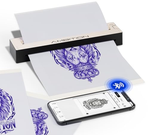 Ambition Kabelloser Tattoo-Transfer-Schablonendrucker – Tintenloser Transfer-Thermokopierer, Kompaktdrucker mit 10 Transferpapier, kompatibel mit Telefon und PC