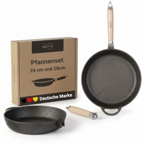 Gusseisenpfannen-Set 24 & 28 cm Pfanne abnehmbarer Holzgriff Induktion | sandgestrahlt universell Gußeisenpfanne Cast Iron Pan alle Herdarten kratzfest Bratpfanne backofenfest Gusspfanne Eisenpfanne