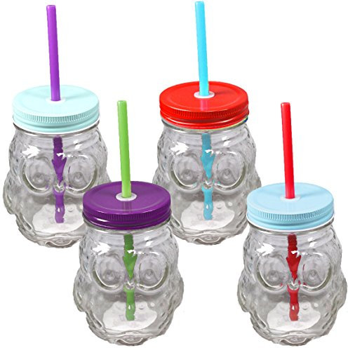 Bada Bing 4er Set Trinkgläser EULE mit Deckel Strohhalm Mädchen Trend Garten Sommer