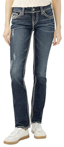 Silver Jeans Co. Suki Jean Coupe Droite Taille mi-Haute, Délavé foncé Vintage avec Point de Lurex, 33 W/36 L Femme