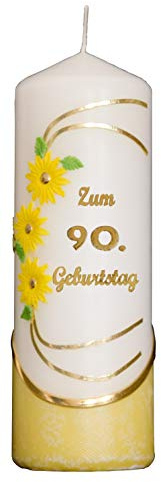 Meissner-Handel Auswahl * Jubiläumskerze/Geburtstagskerze ''Zum 90. Geburtstag'' * gelb * mit farbigen Wachsauflagen * (Motiv 021) Auswahl Motiv + Farbe