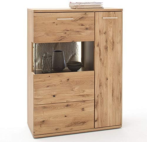 Lomadox Massiver Esszimmerschrank Highboard Vitrine 90cm, Asteiche Bianco massiv geölt