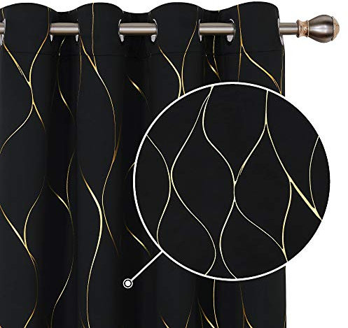 Deconovo Blackout Curtains, Gold Wave Foil Printed Curtains, Thermal Insulated Eyelet Curtains for Bedroom, 46 x 72 Inch (Width x Length), Black, One Pair