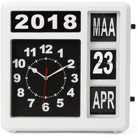 Perel Quadratische Uhr mit Flip-Over-Kalender, ideal für Sehbehinderte und Personen mit Alzheimer oder Demenz, analog, 31 x 31 cm, weiß/schwarz, niederländische Version