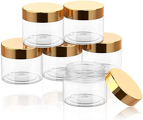 SATINIOR 6 Pack 2 oz Plastic Jars Containers with Lids Wide-mouth Refillable Leakproof Reusable Round Empty Jars for Travel Cosmetic Dry Food Spice Candy Cookie Home Kitchen Organizing(Gold)