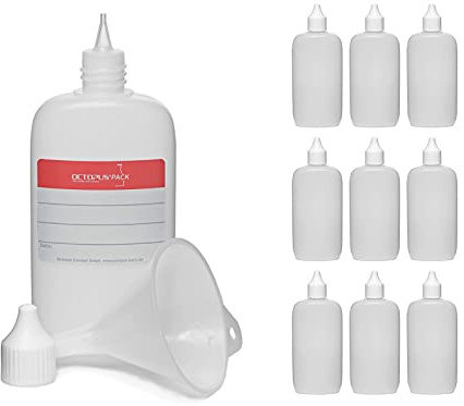 10 Ovalflaschen à 100 ml aus HDPE mit Schraubdeckel weiß , mit Trichter | Ergonomische Form für Kosmetik, Pflegeprodukte, Öle und Flüssigseife, mit Zubehör zum sauberen Befüllen