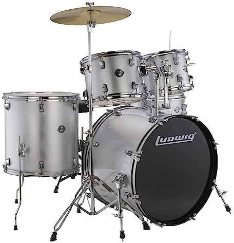 Ludwig Accent 5-piece Complete Drum Set - 22-inch Bass Drum and Cymbals, Silver Sparkle