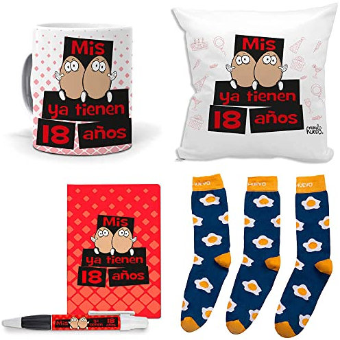 mundohuevo Mega Regalo Personalizado para 18 cumpleaños Hombre. Mis Huevos ya Tienen 18 años. Taza, cojin, libreta, boli y Trio de Calcetines