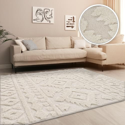 TT Home Wohnzimmer Teppich Hochflor Langflor Schlafzimmer Boho 3D Skandi Design Modern Unifarben, Farbe: Beige, Größe:160x220 cm