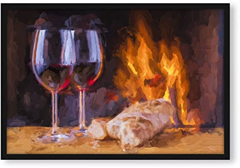 Pixxprint Wein und Baguette am Kamin, Poster im Bilderrahmen, Format: 55x40cm, Kunstdruck gerahmt