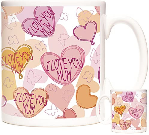I Love You Mum, Hearts Design Gift Mug for Tea or Coffee. Mother's Day Gift Mug. Pink Rim and Handle. 11oz Ceramic Gift Mug for Mum